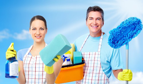 Professional carpet cleaners working with safety and insurance procedures